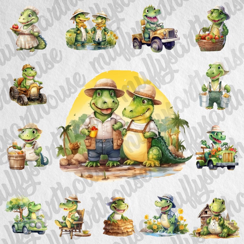 PNG Cute Farmer Crocodile Cliparts,Watercolor Effect Animals,Farmer PNG Image,Crocodile Watercolor Clipart,Nursery Bundle,Farmer Animals Art