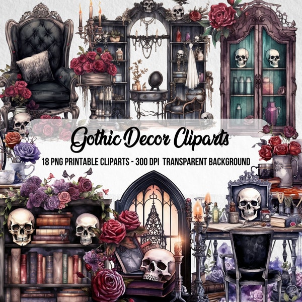 Gothic Decor Cliparts,Watercolor Effect,Commercial Use,Scrapbook,Junk Journal,PNG Skulls,Instant Digital Download,Clipart Bundle,Gothic Art