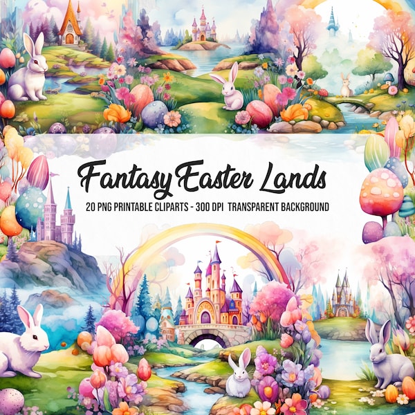 20 Fantasy Easter Land Clipart,Watercolor Effect Easter Print,Printable Easter PNG,Easter Papers,Instant Digital Download,Fantasy Land Scene