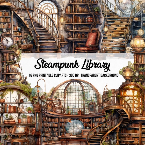 Steampunk Library Cliparts,PNG Steampunk Books,Commercial Use,Steampunk Style Art,Instant Digital Download,Clipart Bundle,Digital Steampunk,