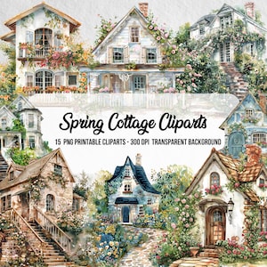15 imágenes prediseñadas de cabañas de primavera, efecto acuarela, kit para hacer tarjetas, álbum de recortes, diario basura, descarga digital instantánea, diario, arte y manualidades