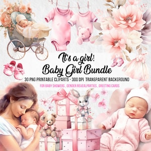 Baby Girl Bundle,Watercolor Clipart,Baby Shower,Newborn Baby, Clipart Baby,Nursery PNG,Gender Reveal,Clipart Bundle,Digital Instant Download