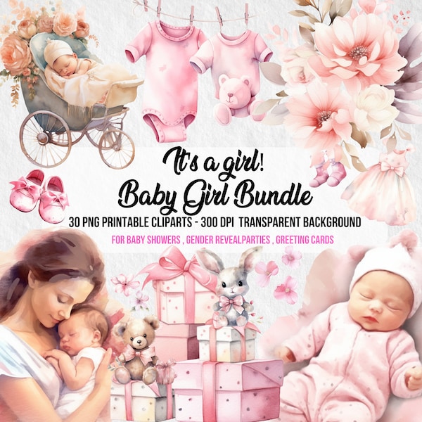 Baby Girl Bundle,Watercolor Clipart,Baby Shower,Newborn Baby, Clipart Baby,Nursery PNG,Gender Reveal,Clipart Bundle,Digital Instant Download