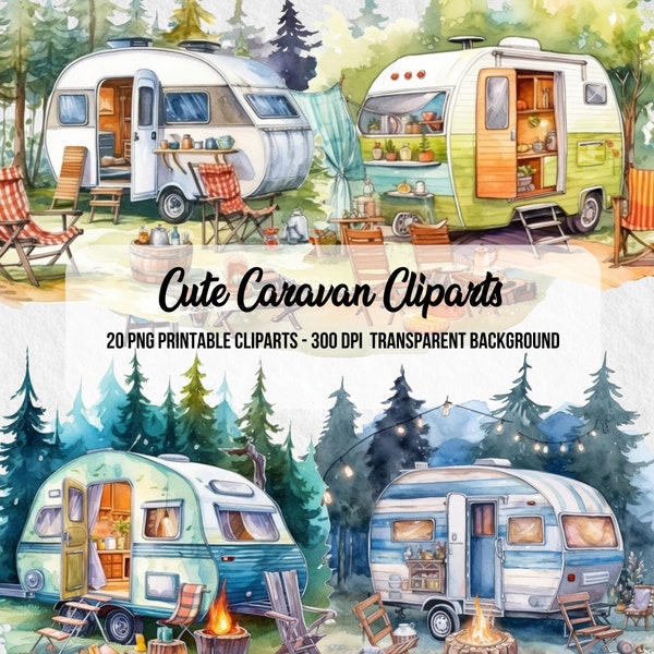 Niedliche Wohnwagen Clipart, druckbares Bild, kommerzielle Nutzung, Junk Journal, Camping PNG, Aquarell Effekt, Clipart Bundle, sofortiger digitaler Download