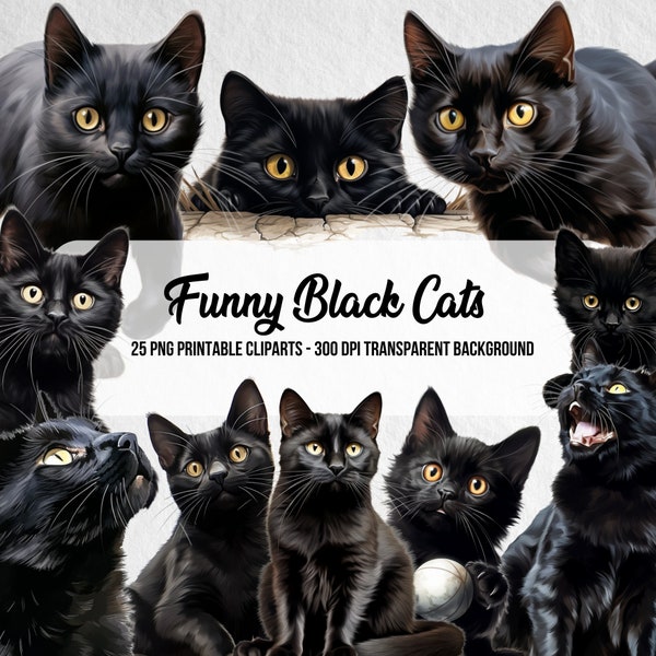 PNG Funny Black Cats Cliparts,Black Cat Sublimation,Realistic Cat Clip Art,Instant Digital Download,Watercolor Effect,Paper Art,Junk Journal