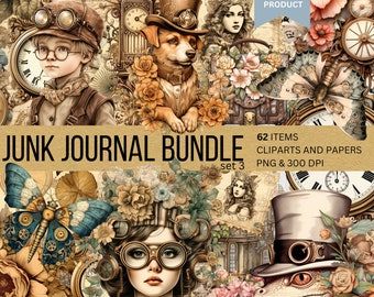 62 Steampunk Themed Junk Journal Bundle,Instant Digital Download,Digital Scrapbooking,Card Making,Journal Paper,Junk Journal Kit,Digital Art