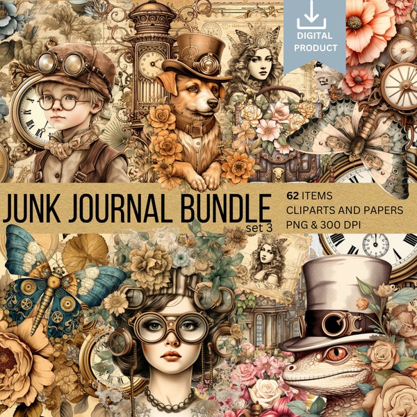 62 Steampunk Themed Junk Journal Bundle, Sofortiger digitaler Download, Digitales Scrapbooking, Kartenherstellung, Journalpapier, Junk Journal Kit, digitale Kunst