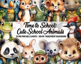 水彩画の学校の動物のクリップアート：新学期のPNGバンドル（デジタルダウンロード）
