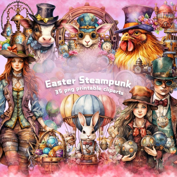 Steampunk Easter Animals Clipart Bundle (PNG Digital Download)