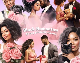 Black Valentine's Day Couple Clipart, Romantic PNG (Digital Download)
