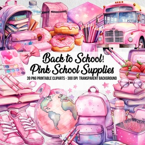 PNG Watercolor School Cliparts,Back to School Cliparts, Pink School Clipart, Pink School Bus,Time to School,Pink Clip art,Pink PNG Clip Art,
