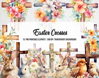 May include: A set of 15 digital clipart images featuring watercolor Easter crosses decorated with colorful flowers, bunnies, chicks, and an Easter egg. The images are 300 DPI and have a transparent background.