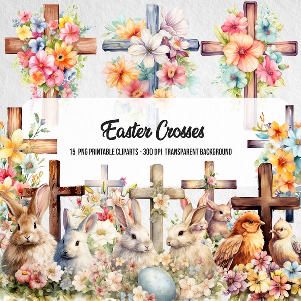 15 Floral Easter Cross Clipart,Floral Easter Bunny PNG,Card Making,Junk Journal Kit,Instant Digital Download,Spring Cross Image,Spring Paper