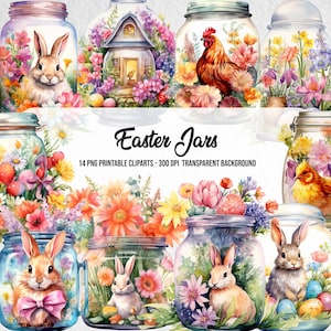 Blumen Oster Gläser Clipart, Osterhase Png, digitales Blumen Tier Ostern, herunterladbares Bunni, Kartenherstellung, Junk Journal Kit, Osterbunni Drucke