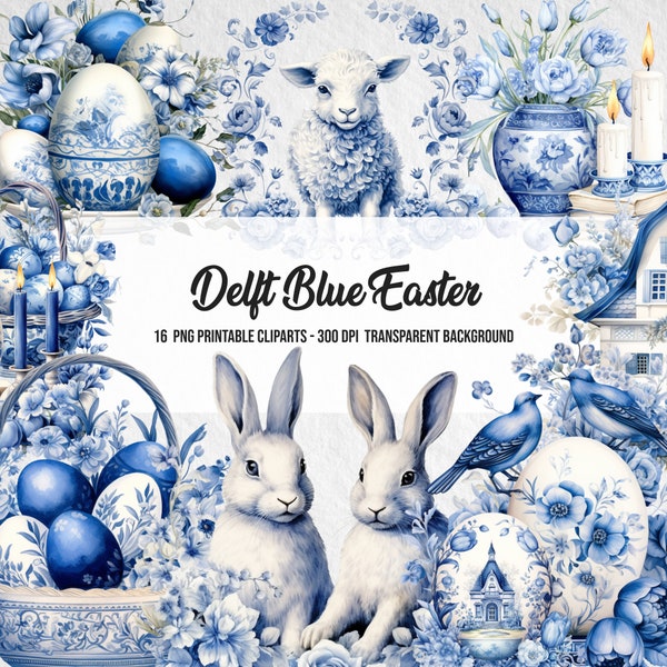 16 Delft Blue Victorian Easter Clipart Bundle,Vintage Easter,Delft Blue Animal PNG,Card Making Art,Instant Digital Download,Junk Journal Kit
