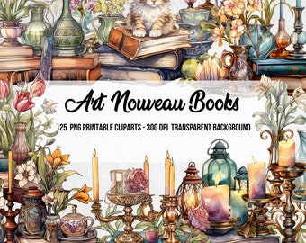 Watercolor Art Nouveau Book Clipart: Vintage PNG Bundle (Digital Download)
