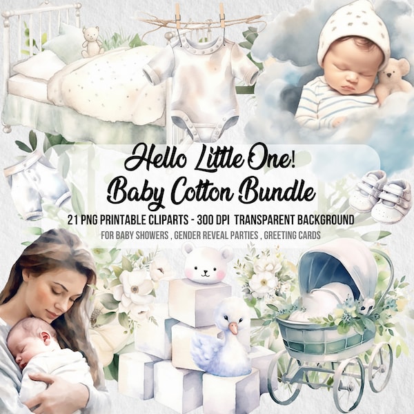 Baby Cotton Bundle,Watercolor Clipart,Baby Shower,Newborn Baby,Clipart Baby,Nursery,PNG,Gender Reveal,Clipart Bundle,Digital Download