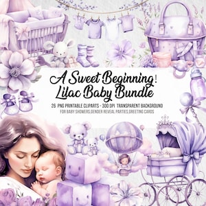 Pacote de bebê lilás, clipart aquarela, chá de bebê, bebê recém-nascido, clipart bebê, berçário PNG, revelação de gênero, pacote de clipart, download instantâneo digital