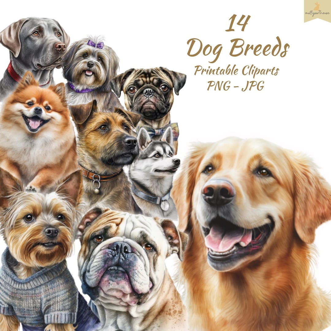 Watercolor Dog Breeds Clipart Set , Digital Puppy PNG Files, Printable ...
