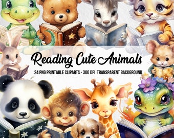 Reading Animal Clipart Bundle, Nursery PNG Graphics (Digital Download)