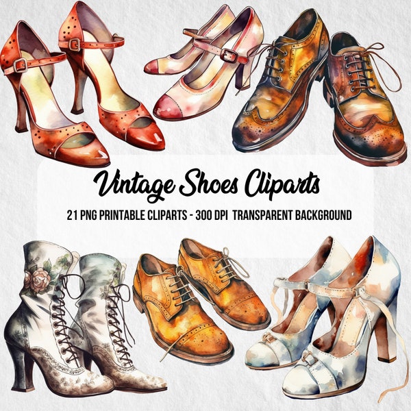 Vintage Shoes Clipart,Commercial Use,Junk Journal,Vintage PNG,Vintage Ephemera,Watercolor Effect,Clipart Bundle,Instant Digital Download