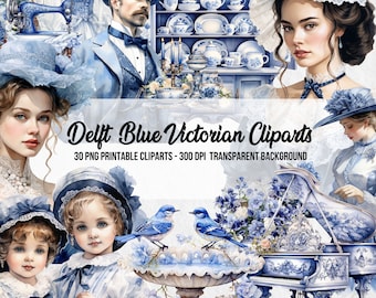 Delft Blue Victorian Clipart Bundle, Watercolor Effect (Digital Download)