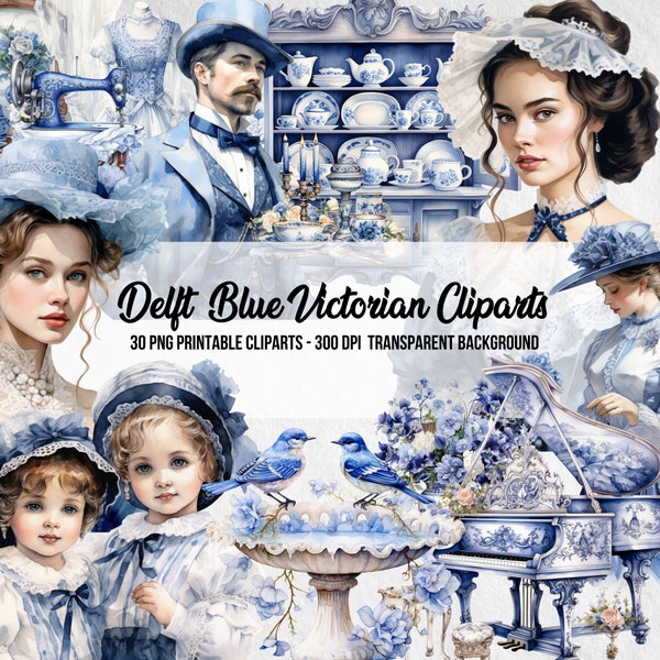 Delft Blue Victorian Clipart,Watercolor Effect,Commercial Use,Scrapbook,Junk Journal, PNG Delft Blue,Instant Digital Download,Clipart Bundle