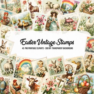 Ostern Vintage Briefmarken Cliparts,Herunterladbaren Oster Druck,Kartengestaltung,Junk Journal Kit,Ostern Elemente,Vintage Osterfiguren,Printful Ostern