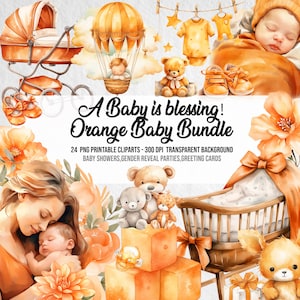 Orange Baby Bundle, Karte machen Kit, Babyparty, Neugeborene Baby, Clipart Baby, Kinderzimmer PNG, Geschlecht offenbaren, Clip Art Bundle, digitaler Sofort Download
