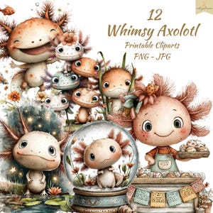 May include: A set of 12 whimsical axolotl printable cliparts in PNG and JPG formats. The illustrations depict cartoon axolotls in different poses and settings, with a soft watercolour style and a palette of warm, earthy tones.