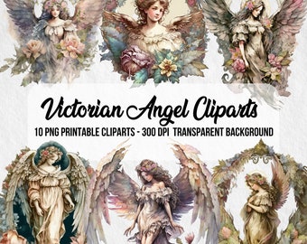 Victorian Angel Cliparts, Floral Watercolor Effect (PNG Digital Download)