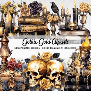 Gothic Gold Cliparts,Watercolor Effect,Commercial Use,Scrapbook,Junk Journal,PNG Skulls,Instant Digital Download,Clipart Bundle,Digital Gold