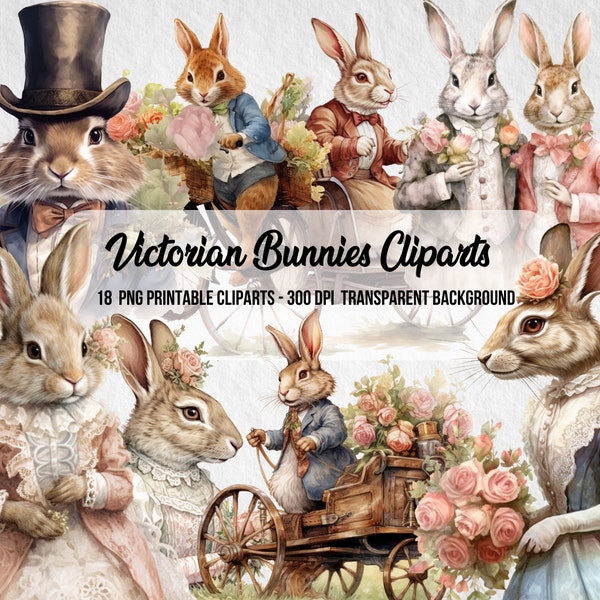 Victorian Bunnies Cliparts,Watercolor Effect,Commercial Use,Scrapbook,Junk Journal,PNG Bunny,Instant Digital Download,Clipart Bundle