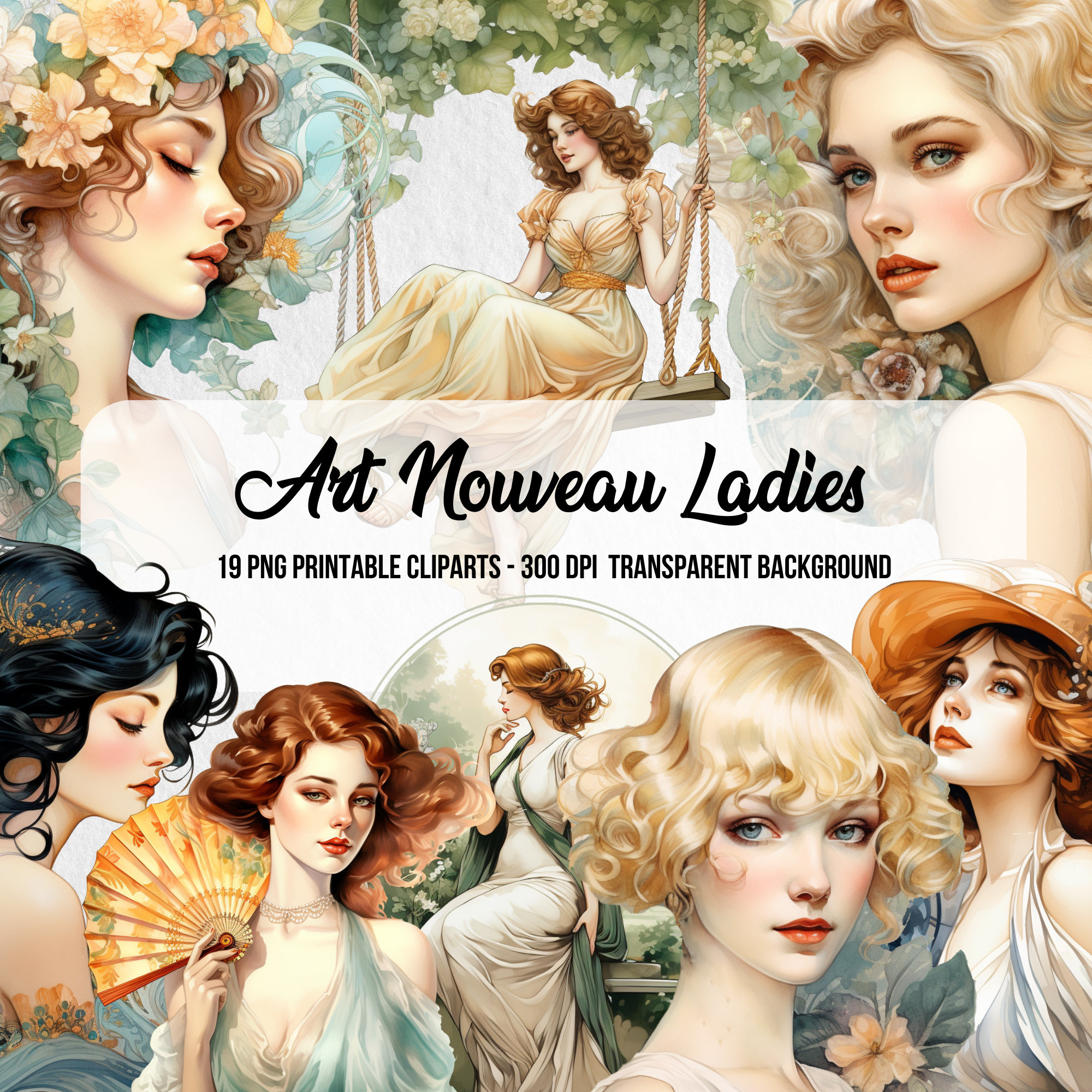 Art Nouveau Ladies Clipart: Watercolor Art Deco PNG Bundle (Digital Download)