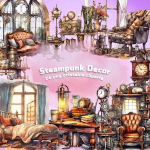 Steampunk Decor Clipart Set: Printable PNG Images (Digital Download)