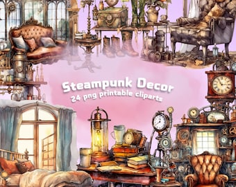 Zestaw dekoracyjnych grafik steampunkowych: obrazy PNG do druku (pobieranie cyfrowe)