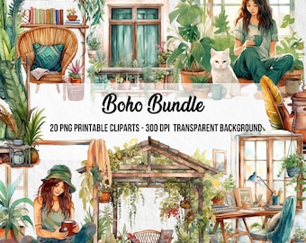 Watercolor Boho Clipart Bundle, Floral Illustrations (PNG Digital Download)