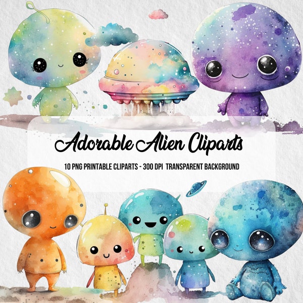 Watercolor Alien Cliparts, Fantasy Cliparts, Digital Aliens, Nursery,PNG Space Images,Cute Aliens , Space Clipart,Instant Digital Download