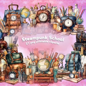 Retour à l'école à imprimer, école steampunk, png papier pour la rentrée, clipart fournitures scolaires, images steampunk, lot d'éléments steampunk vintage