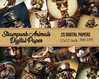 25 animaux Steampunk sur le thème vieux papier imprimable numérique, art éphémère steampunk, papier de texture de journal imprimable, kit de papier steampunk numérique