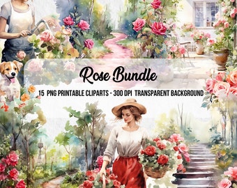 Watercolor Rose Clipart Bundle, Floral Junk Journal Graphics (Digital Download)