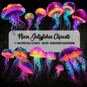 Imágenes prediseñadas de medusas de neón, imágenes prediseñadas submarinas, diario basura, álbum de recortes, imágenes submarinas, paquete de imágenes prediseñadas, descarga digital instantánea, PNG de medusas