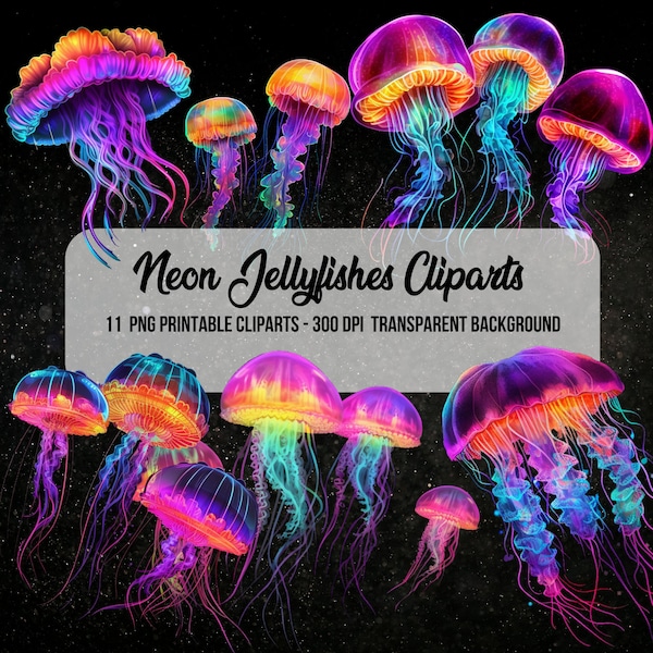 Neon Jellyfish Cliparts,Underwater Cliparts,Junk Journal,Scrapbook,Underwater Images,Clipart Bundle,Instant Digital Download,Jellyfish PNG