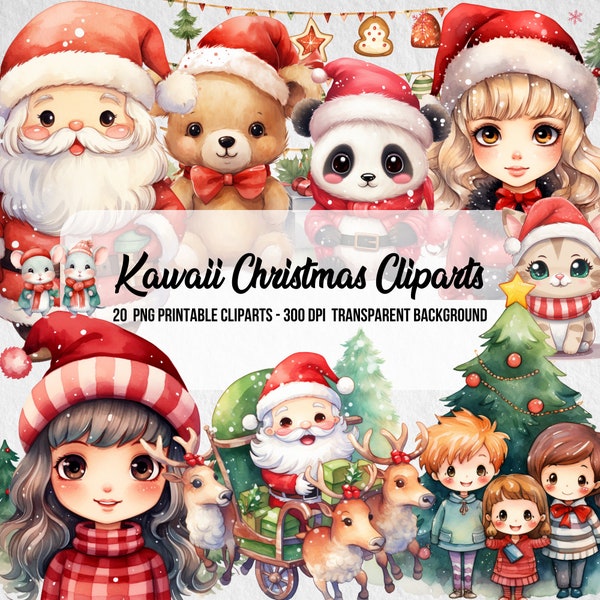 Kawaii Christmas Cliparts,PNG Christmas,Digital Prints,Kawaii Style,Xmas Art,Instant Digital Download,Christmas Cliparts,Thanksgiving Day