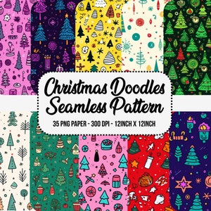 May include: A set of 12 digital paper patterns featuring Christmas doodles in various colors, including red, green, blue, yellow, and pink. The patterns include Christmas trees, ornaments, snowflakes, and other festive elements. The text "Christmas Doodles Seamless Pattern" and "35 PNG PAPER - 300 DPI - 12INCH X 12INCH" is included in the image.