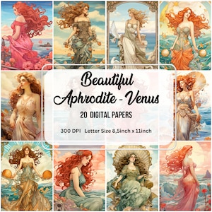 Carta digitale stampabile della dea Afrodite, effimeri mitologici, download digitale istantaneo, carta artigianale, creazione di biglietti, kit per diario spazzatura, scrapbooking