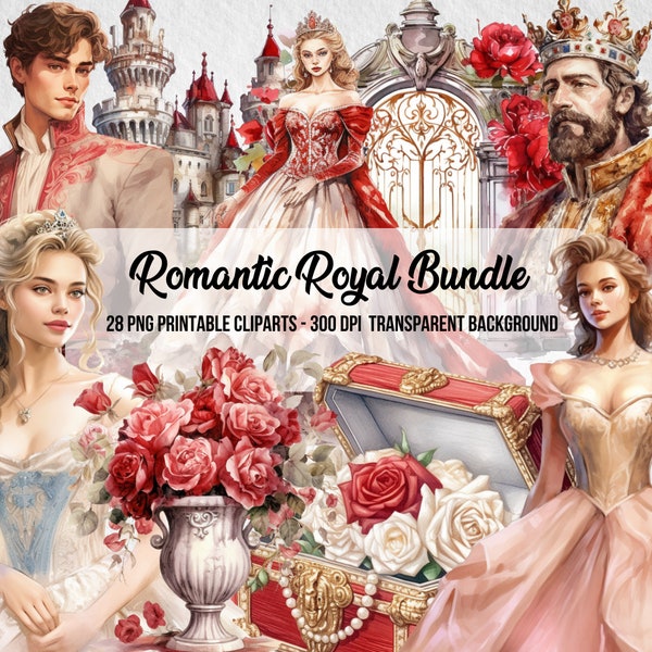 Romantique Royal Bundle, effet aquarelle, utilisation commerciale, Scrapbook, Junk Journal, PNG Royality, Téléchargement numérique instantané, Clipart Bundle, Royality