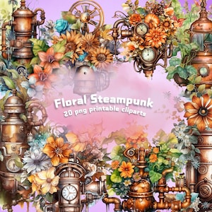 Imágenes prediseñadas de flores de papel, imágenes prediseñadas florales steampunk, paquete de flores steampunk, kit de descarga de flores para álbumes de recortes, papel de diario basura steampunk con flores