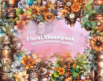 Może przedstawiać: Zestaw 20 cyfrowych obrazów clipart z kwiatowymi wzorami steampunk. Obrazy zawierają skomplikowane koła zębate, rury i kwiaty w odcieniach pomarańczowego, żółtego i zielonego.