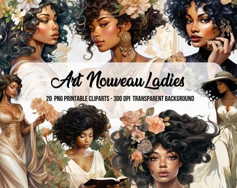Art Nouveau Ladies Clipart: Watercolor Art Deco PNG Bundle (Digital Download)